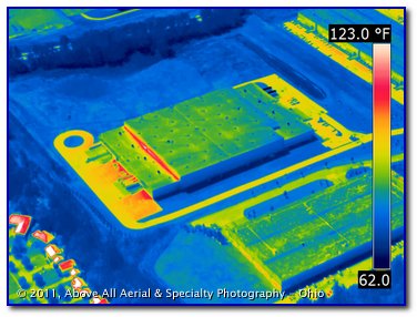 aerial thermal infrared image of buildings in an industrial park