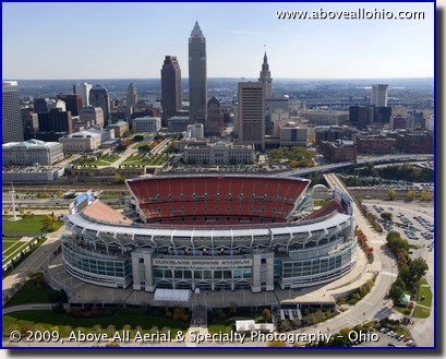 Aerial photo - Cleveland Browns Stadium and Cleveland, Ohio, skyline