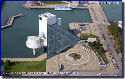 Aerial photograph of the Rock and Roll Hall of Fame in downtown Cleveland, Ohio