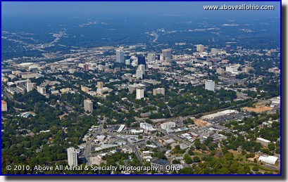 A wide angle aerial view of downtown Columbia, SC.