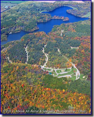 A beautiful fall aerial photograph of Findley State Park, near Wellington, OH.