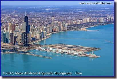 An aerial photo of Navy Pier and part of downtown Chicago, Illinois, including the iconic John Hancock Building.