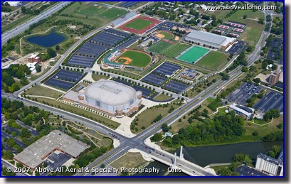 An aerial view of The Ohio State University's Schottenstein Center and other sports facilities in Columbus, Ohio