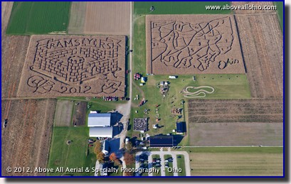 An aerial view of the two corn mazes at Ramseyer Farms near Wooster, OH.