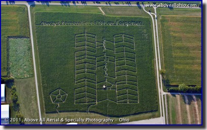 An aerial photo of a September 11 tribute corn maze near Cincinnati, OH