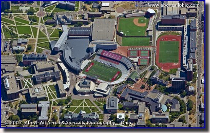 An aerial photo of the University of Cincinnati stadium and Varsity Center, Cincinnati, OH