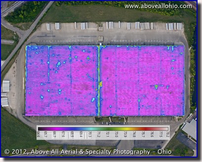 Aerial thermal infrared roof scan image overlaid on a visible light image to map moisture problems; central Ohio