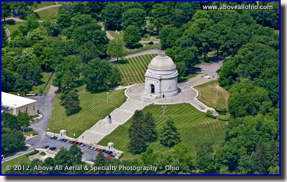 An oblique aerial photo of the McKinley Monument at the William McKinley Presidential Library and Museum in Canton, OH.