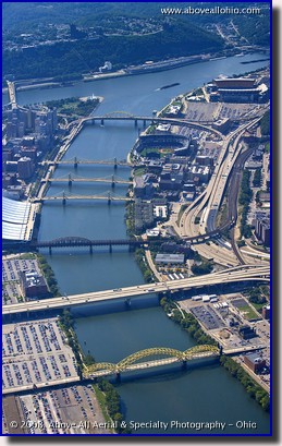 Aerial photo of the many bridges in downtown Pittsburgh, PA, near Heinz Field
