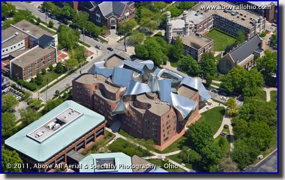 An aerial photo of the Peter B. Lewis Building, Weatherhead School of Management, Case Western Reserve University, Cleveland, Ohio