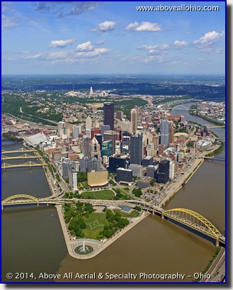 An oblique aerial view of downtown Pittsburgh, PA, looking east.
