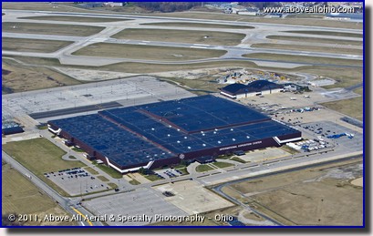 An aerial view of the International Exposition (IX) Center at the Cleveland Hopkins Airport