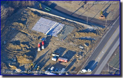 An aerial view of a large concrete pour in progress in Medina, Ohio