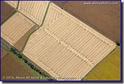 Aerial view of an interesting pattern in a harvested field.