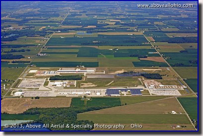 A distant and wide angle aerial view of a major development area near Holiday City, Ohio, just north of the Ohio Turnpike and west of Toledo.