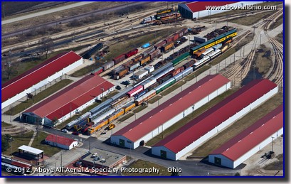 A low oblique aerial photo of the Illinois Railway Museum in Union, Illinois.