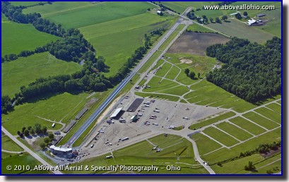 An oblique aerial photo of National Trail Raceway, a drag strip near Columbus, Ohio.