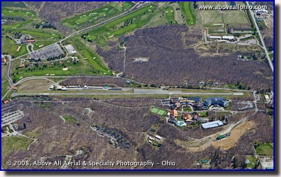 A wide angle aerial view of the Nemacolin Woodlands Resort Airport in Farmington, Pennsylvania