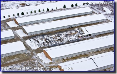 Aerial photograph of fire dameged self storage building
