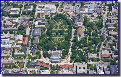 An aerial view of "The Oval" on the campus of The Ohio State University in Columbus, Ohio