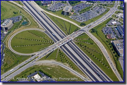 A steep oblique overhead view of the Polaris Parkway and Interstate 71 interchange on the north side of Columbus, OH.