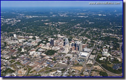 A wide angle aerial photo of Raleigh, NC.