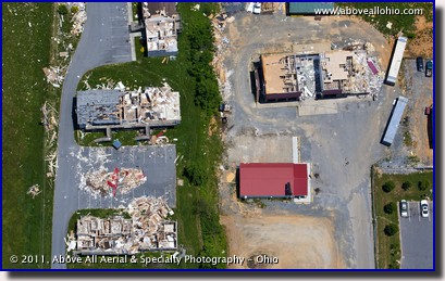 An overhead aerial view of tornado damage near Glade Spring, Virginia