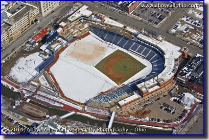 An aerial view of Canal Park, home of the Akron Rubber Ducks minor league baseball team; Akron, Ohio.