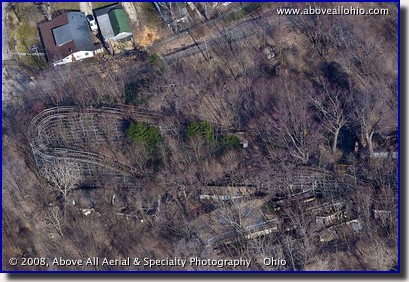 Aerial view of the abandoned Big Dipper roller coaster at Chippewa Lake Amusement Park, Ohio