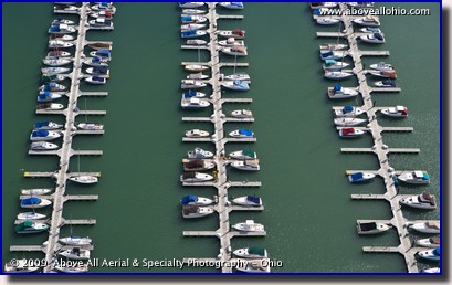 Aerial photo of boats docked at a marina on Lake Erie near Cleveland, OH