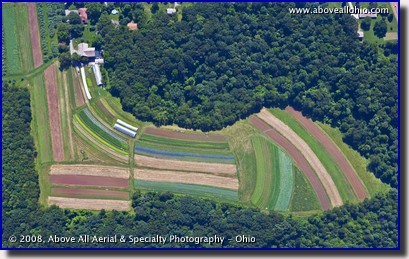 Aerial photo of fields shaped like a boot on a PA farm