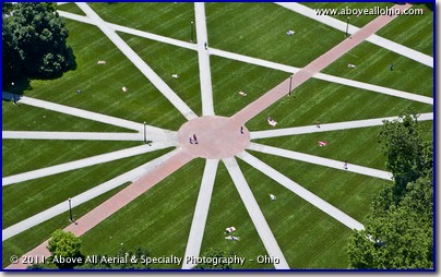 An aerial view of the heart of The Oval during the summer on the campus of The Ohio State University; Columbus, OH