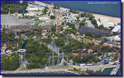 A closeup aerial view of some of the many roller coasters at Cedar Point in Sandusky, Ohio