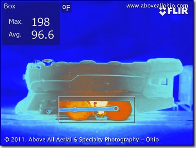 A thermal infrared photograph ("thermograph") of an old Louis Marx electric train engine (circa 1949) after running for about 10 minutes in 2011