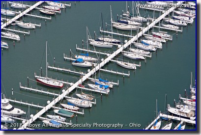 A low and close view of a marina in Cleveland, Ohio.