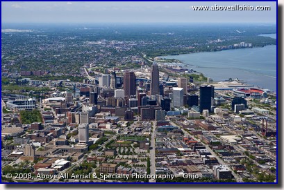 A wide angle aerial view of downtown Cleveland, OH, looking west.