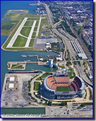 Aerial photo of Cleveland Stadium and Burke Lakefront Airport