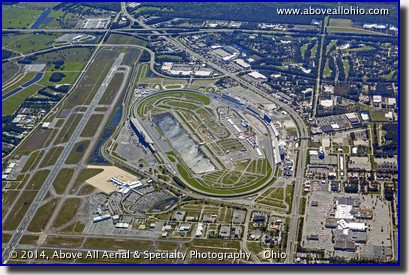 An aerial view of the Daytona International Speedway and airport in Daytona Beach, FL.