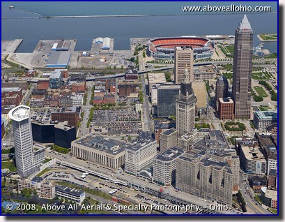 Close up aerial photo of downtown Cleveland Ohio looking north