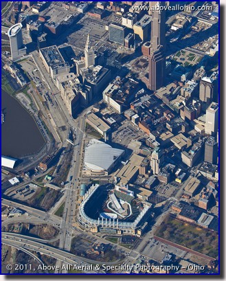 A high altitude aerial photo of downtown Cleveland, OH, with Progressive Field set up for "Snow Days"