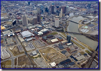 Aerial photograph of downtown Columbus, Ohio, showing Nationwide Arena, and the new Huntington Park baseball stadium construction