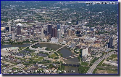 Wide angle aerial photograph of downtown Columbus, Ohio