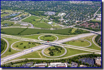An aerial view of a 4-leaf clover highway interchange near Dublin, OH.