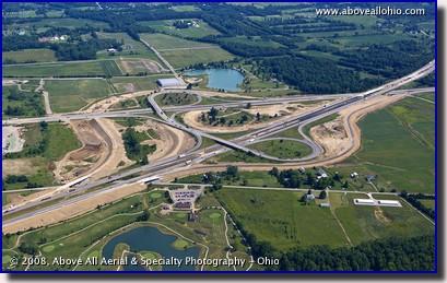 Aerial view of the construction taking place at Interstates 71 and 76