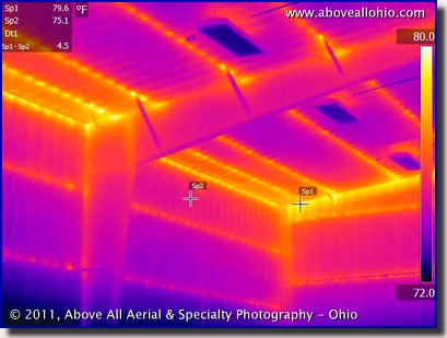 An infrared image showing the locations of purlins and girts in a metal building due to slight temperature variations