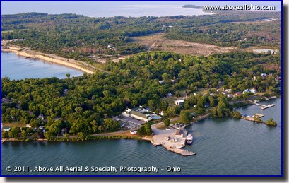 An aerial view of Kelley's Island and the Kelley's Island Venture Resort in Lake Erie off the coast of Sandusky, Ohio