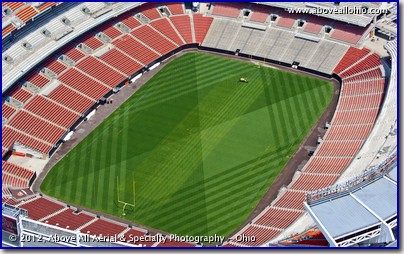 A low and close view of Cleveland Browns Stadium, taken from a helicopter, as the field is being prepared for action.