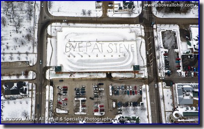 Aerial photo - a message for retiring employees on top of a parking garage in Medina, OH