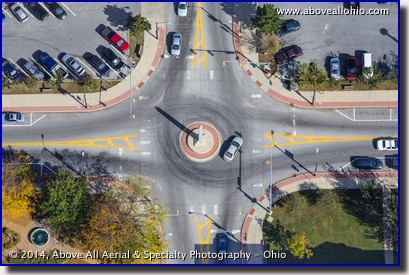 A steep oblique (nearly vertical) aerial view of the Victory Shaft monument in downtown Mt. Gilead, Ohio.
