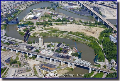 A wide angle aerial view of the Cuyahoga River in downtown Cleveland, OH.